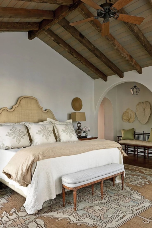 Tuscan Spanish Style Bedroom with Rustic Ceiling Beams