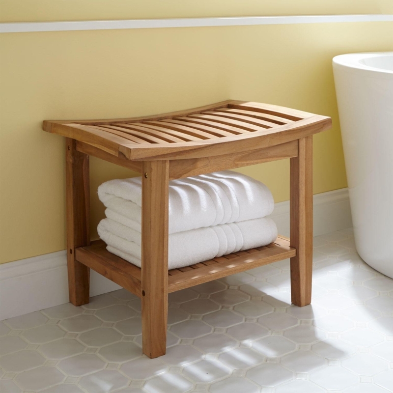 Unpolished Teak Wood Bathroom Stool with Towel Shelf