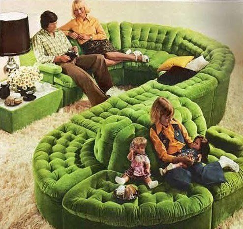 Vintage 1970s Green Velvet Curved Sectional Sofa