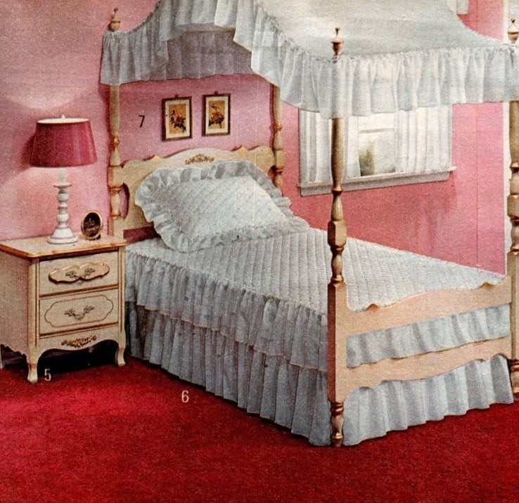 Vintage 1970s White Canopy Bed with Ruffled Bedding