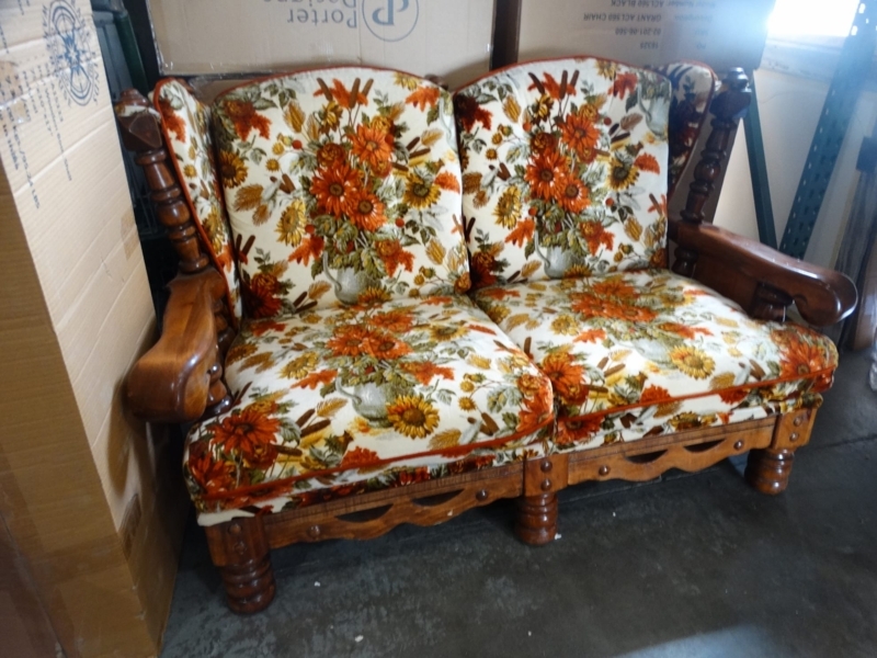 Vintage 70s Orange Floral Loveseat with Wooden Frame