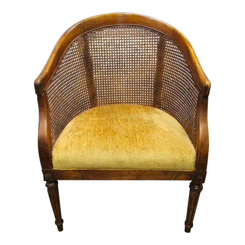 Vintage Cane Back Barrel Chair with Velvet Seat