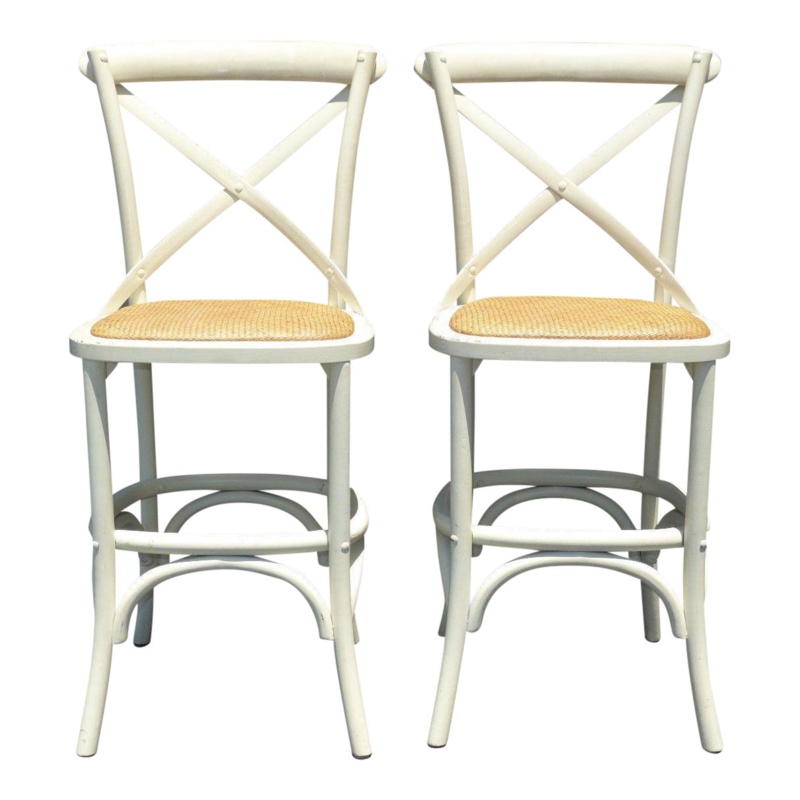 Vintage French Country White Rye Seat Bar Stools