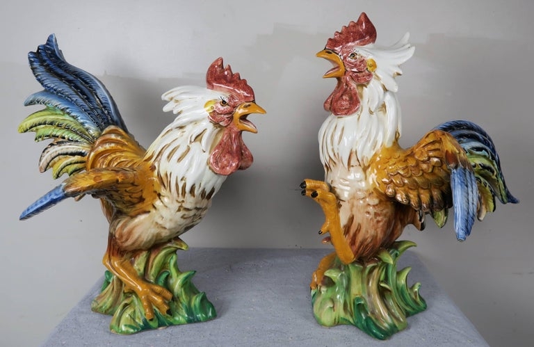 Vintage Italian Ceramic Rooster Figurines Pair
