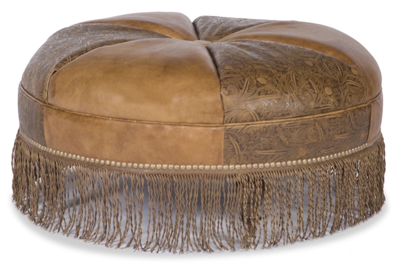 Vintage Leather Fringed Ottoman with Embossed Patterns