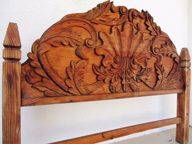 Vintage Rustic Hand-Carved Mexican Wooden Headboard