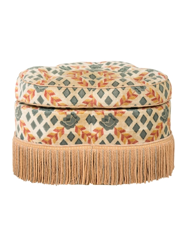 Vintage Upholstered Fringe Ottoman with Patterned Fabric