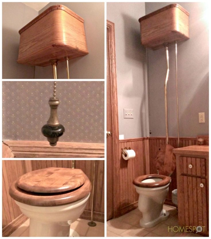 Vintage Wooden Toilet with Wall-Mounted Tank and Pull Chain