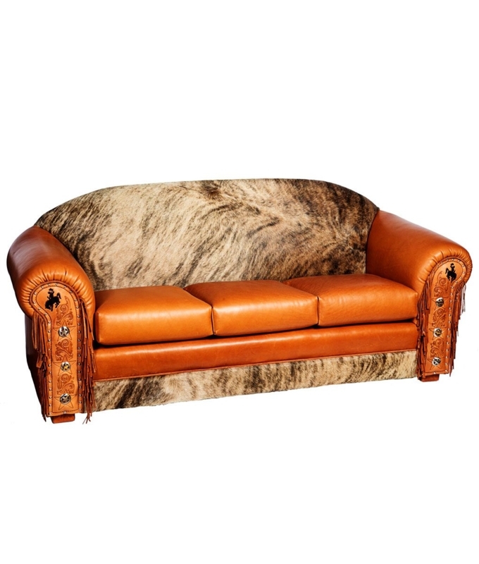 Western Style Cowhide Leather Sofa with Fringe