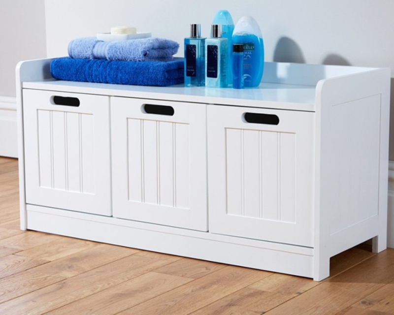 White Bathroom Storage Bench with Three Doors