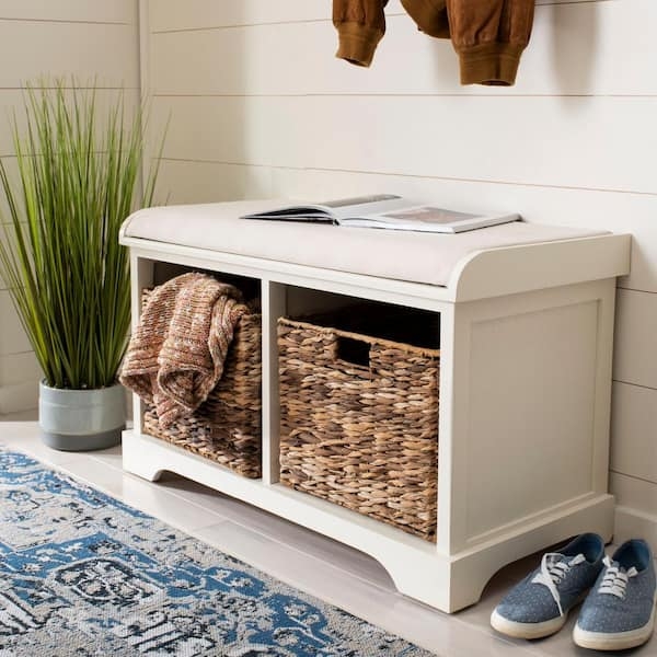 White Bathroom Storage Bench with Woven Baskets
