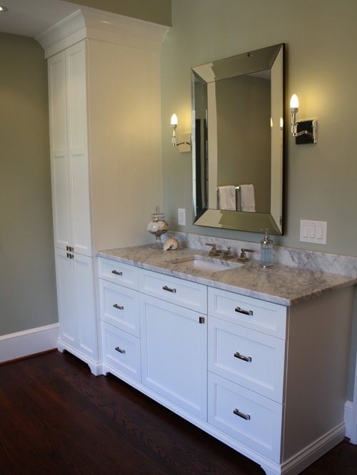 White Bathroom Vanity with Marble Counter and Linen Tower