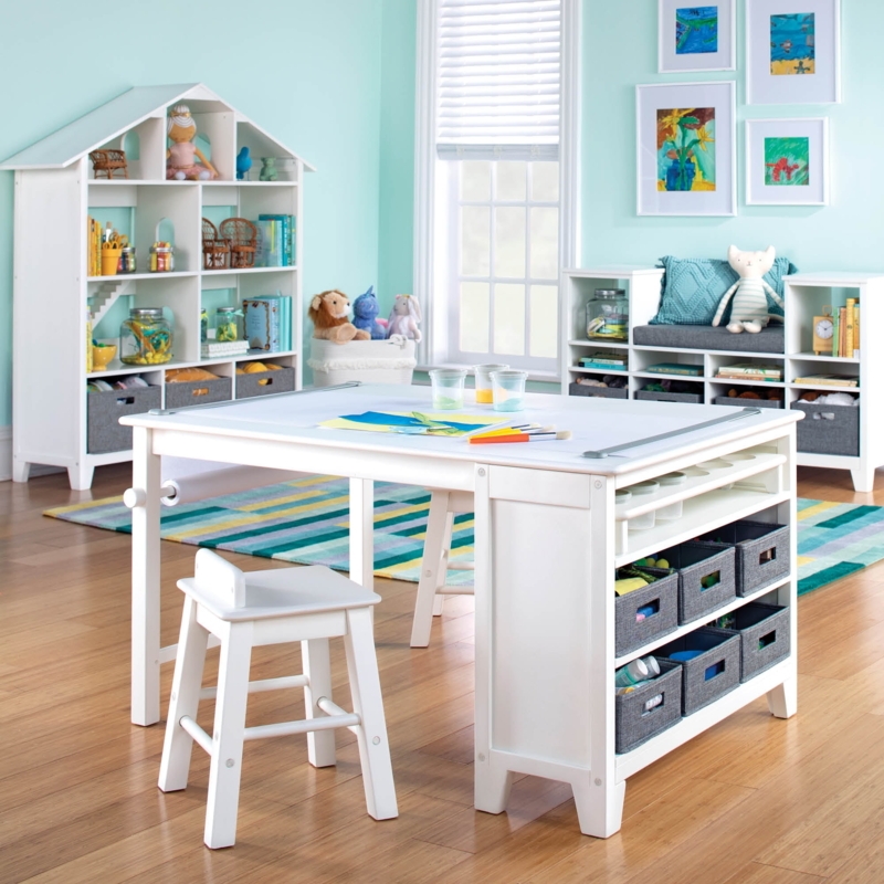 White Kids Art Table and Stool Set with Storage