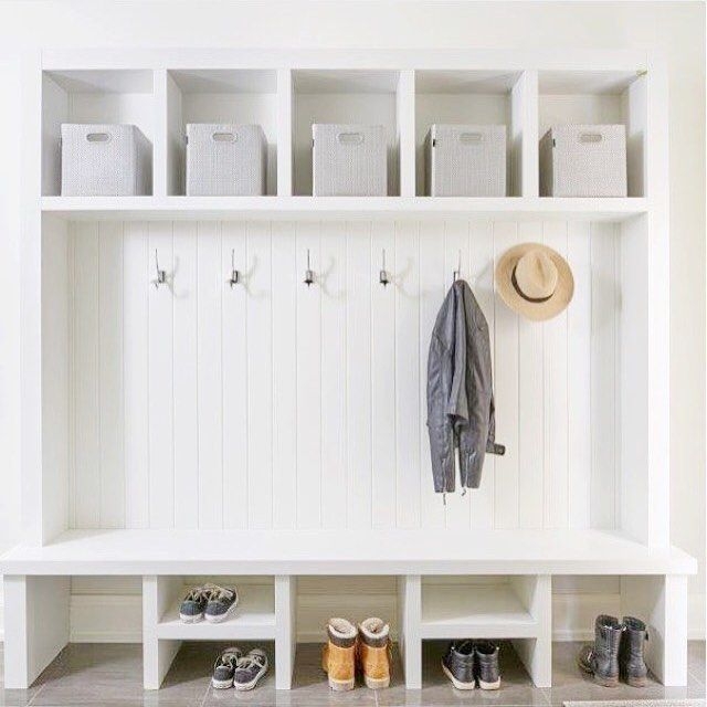 White Mudroom Bench with Hooks and Storage Bins