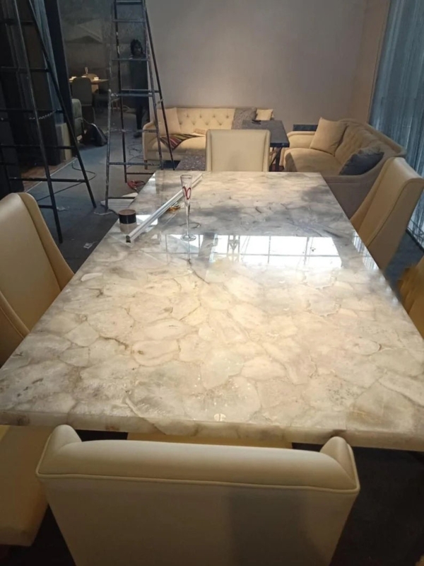 White Quartz Agate Dining Table with Leather Chairs
