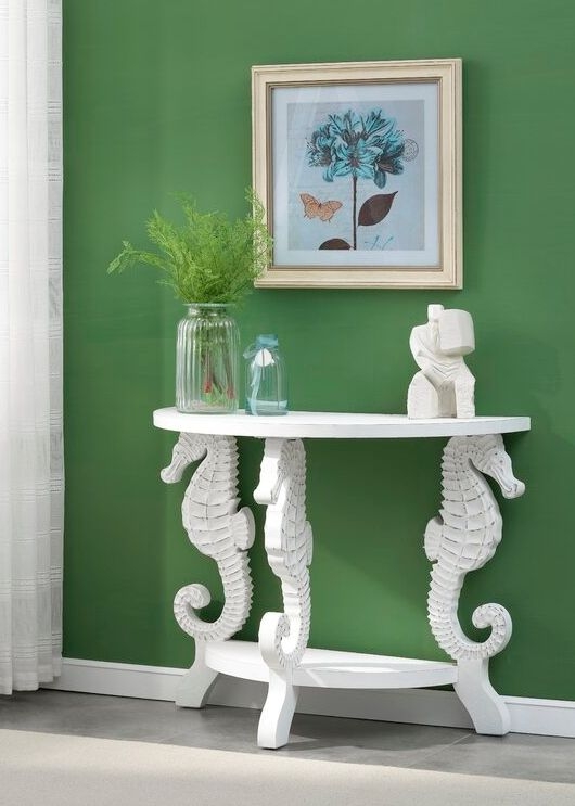 White Seahorse Coastal Console Table with Shelf