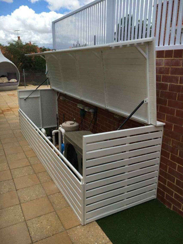 White Slatted Pool Equipment Enclosure for Outdoor Spaces