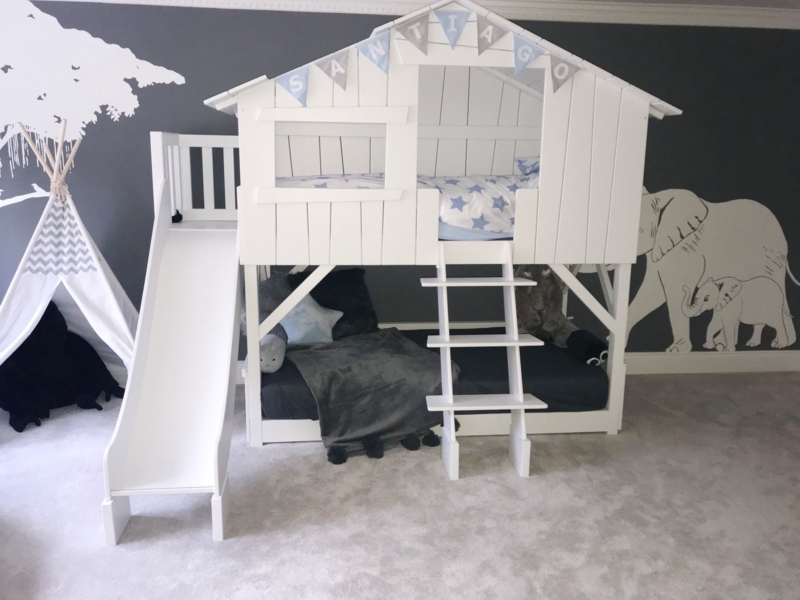 White Treehouse Bunk Bed with Slide for Kids