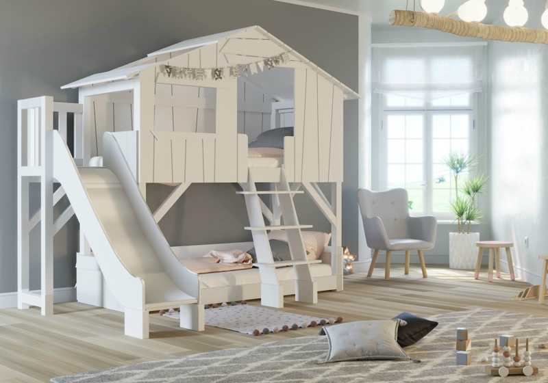 White Treehouse Bunk Bed with Slide for Kids