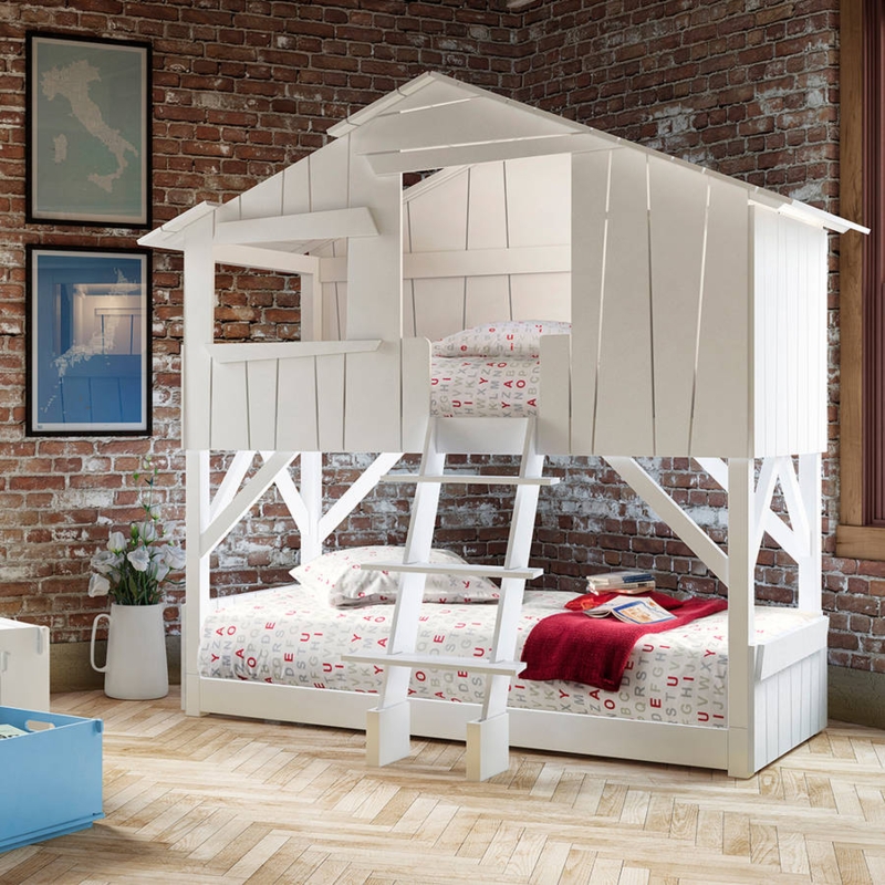 White Treehouse Kids Bunk Bed with Ladder