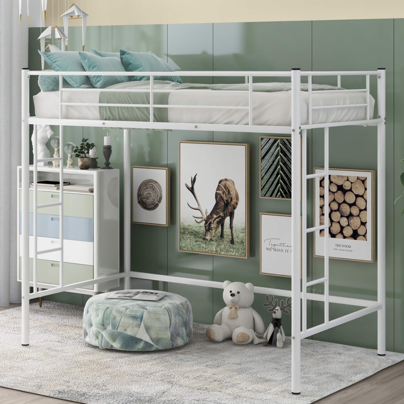 White Twin Loft Bed with Dual Ladders and Storage Space