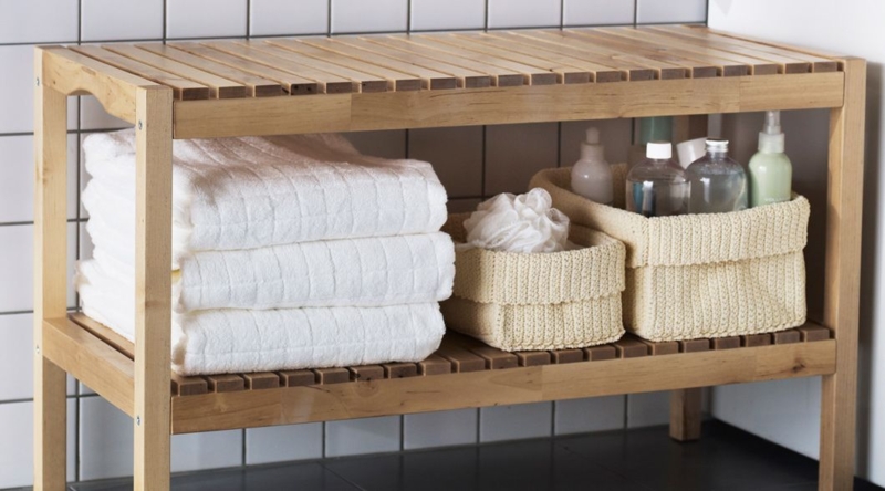 Wooden Bathroom Bench with Towel and Toiletry Storage