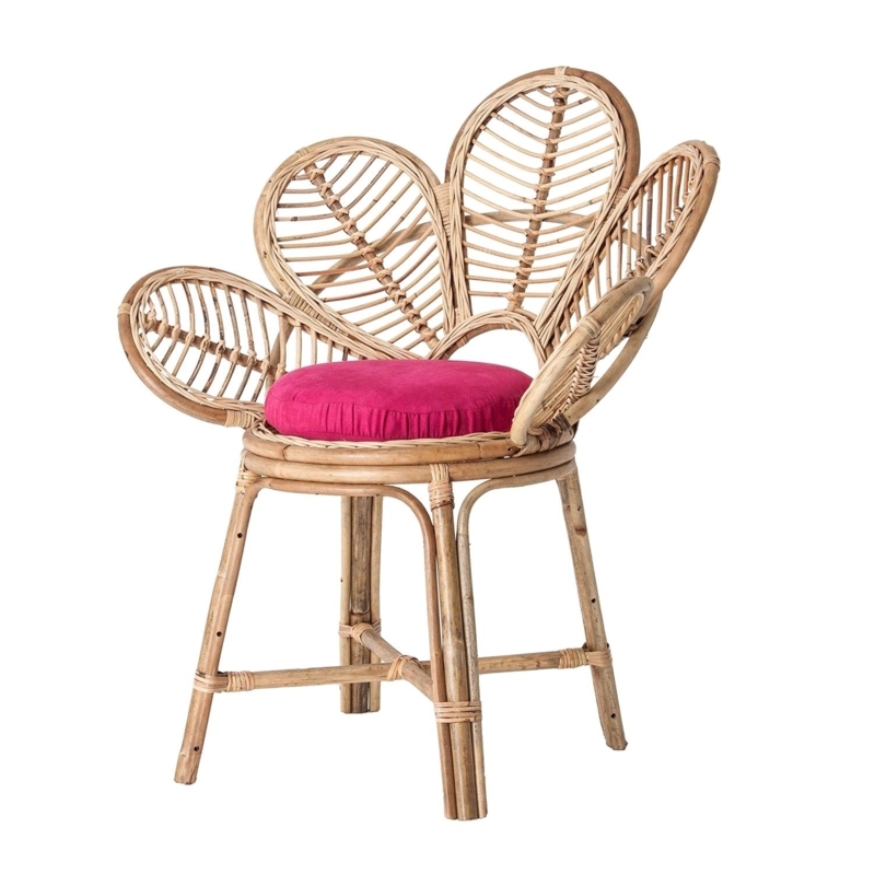 Wooden Rattan Flower Shaped Accent Chair with Pink Cushion