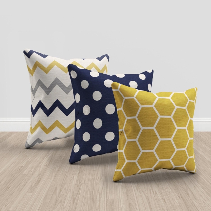 Yellow and Navy Patterned Throw Pillows for Couch
