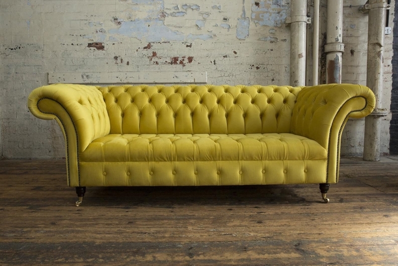 Yellow Velvet Chesterfield Sofa with Rolled Arms