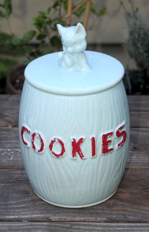 1950s Light Blue Ceramic Cookie Jar with Kitten Lid