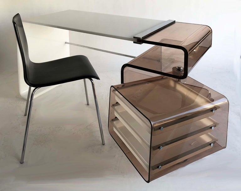 1970s White Acrylic Desk with Smoked Lucite Design