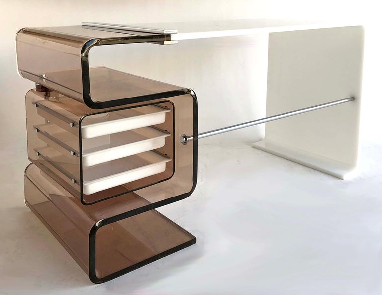 1970s White Acrylic Desk with Smoked Lucite Design