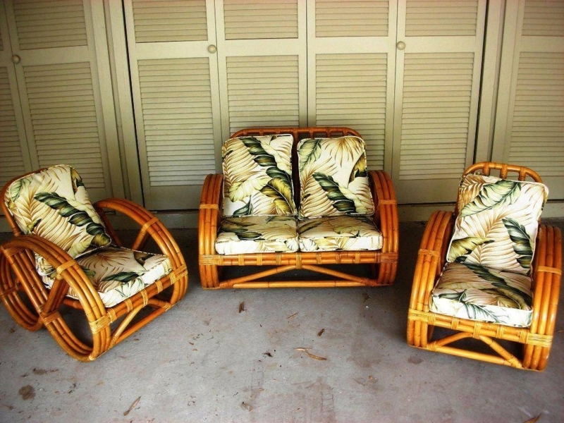 2025 Stylish Bamboo Sofa Set with Tropical Cushions