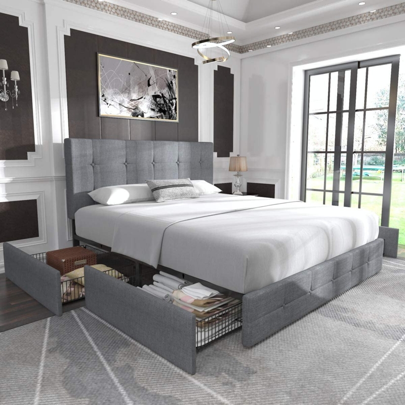 Allewie Light Grey Queen Platform Bed with Storage Drawers
