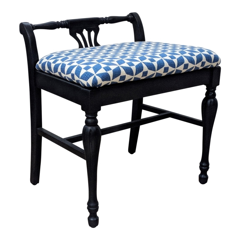 Antique Black Vanity Stool with Blue Geometric Upholstery