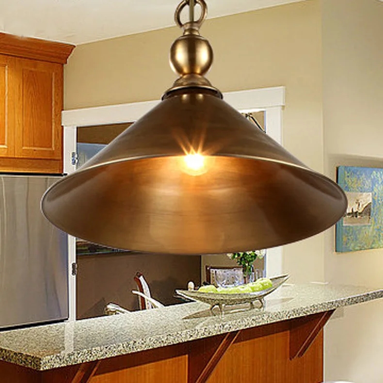 Antique Brass Pendant Lamp Over Kitchen Island