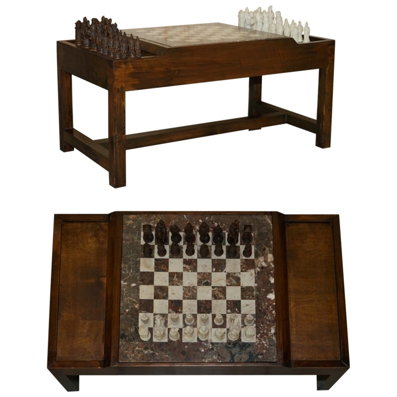 Antique Burr Walnut Chess Board Table with Staunton Pieces