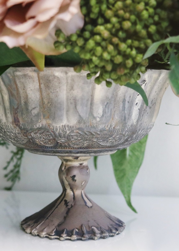 Antique Mercury Glass Pedestal Vase with Floral Arrangement