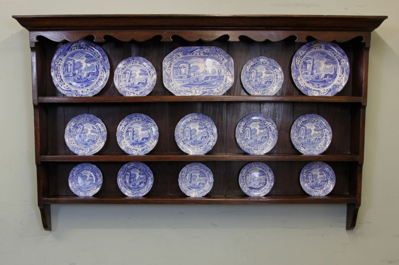 Antique Oak Plate Rack with Blue Transferware Plates