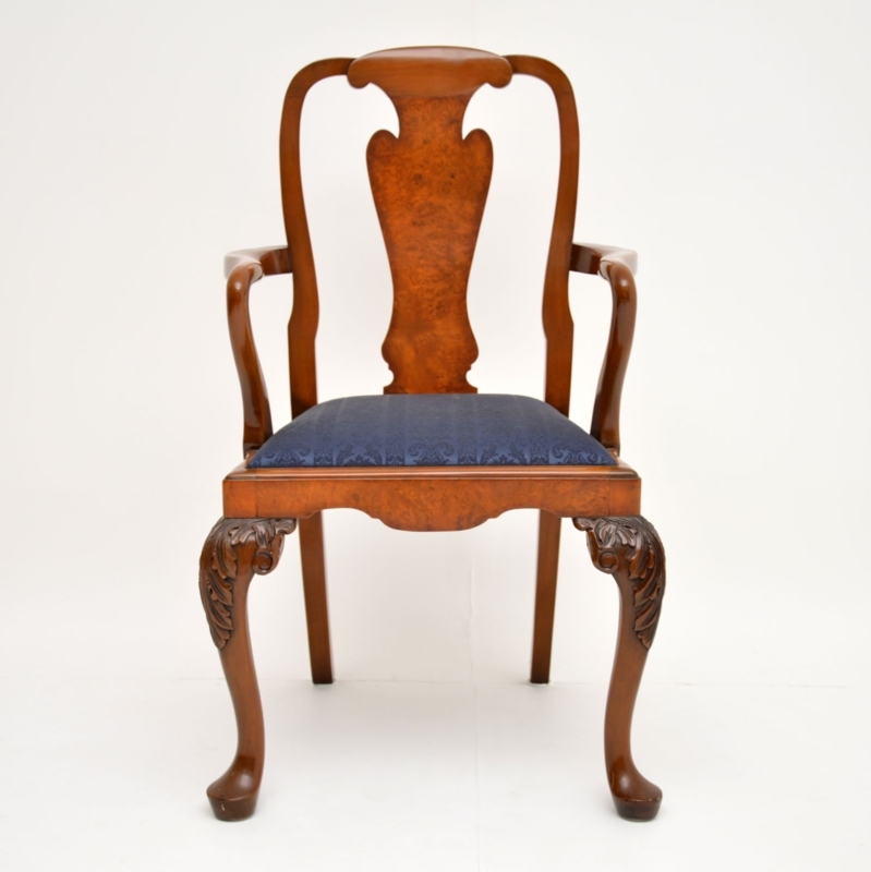 Antique Queen Anne Burr Walnut Armchair with Blue Upholstery