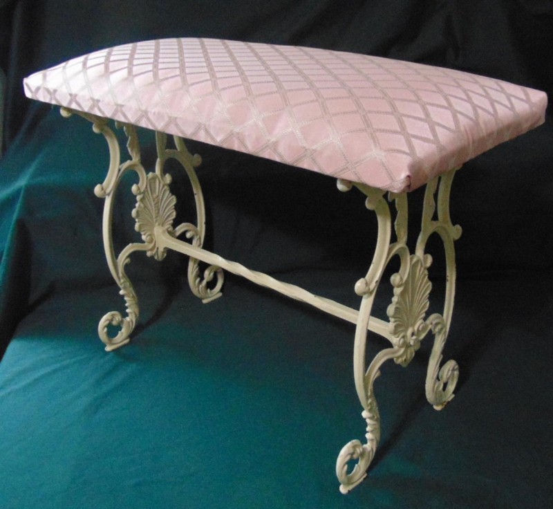 Antique Vintage Wrought Iron Vanity Bench with Pink Cushion