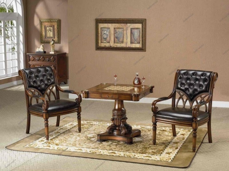 Antique Wooden Chess Table and Leather Chairs