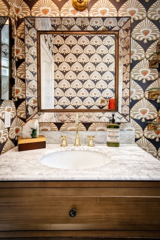 Art Deco Industrial Bathroom Vanity with Patterned Wallpaper