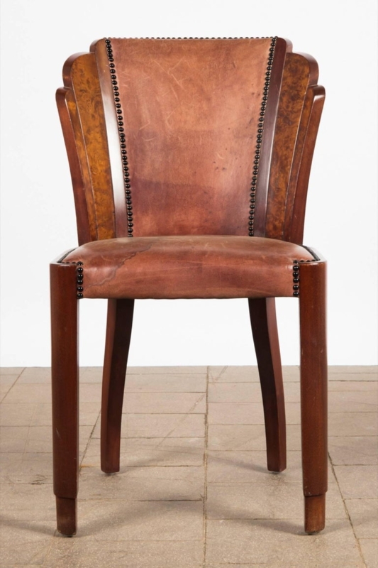 Art Deco Walnut Burl and Cognac Leather Dining Chair