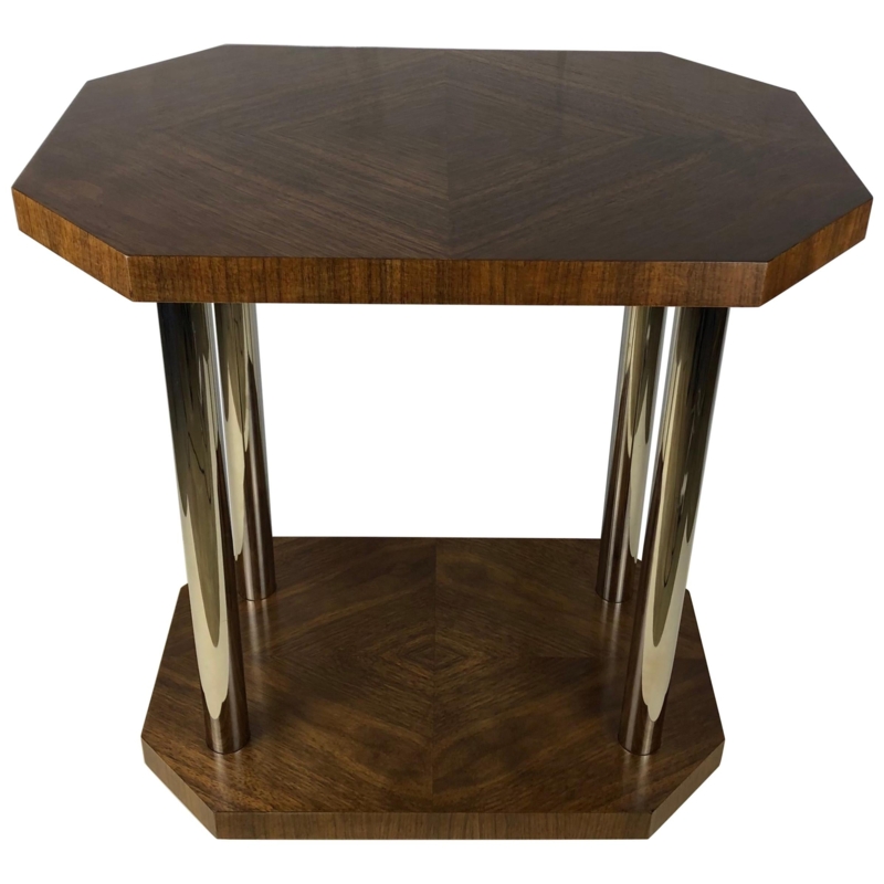 Art Deco Walnut Side Table with Ribbed Metal Legs