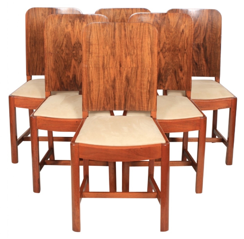 Art Deco Walnut Suede Dining Chairs Set of Six