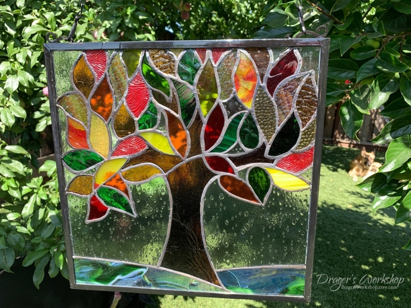 Autumn Tree of Life Stained Glass Window Panel