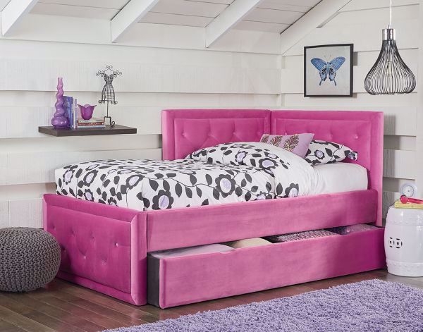 Avery Twin Upholstered Pink Corner Bed with Storage