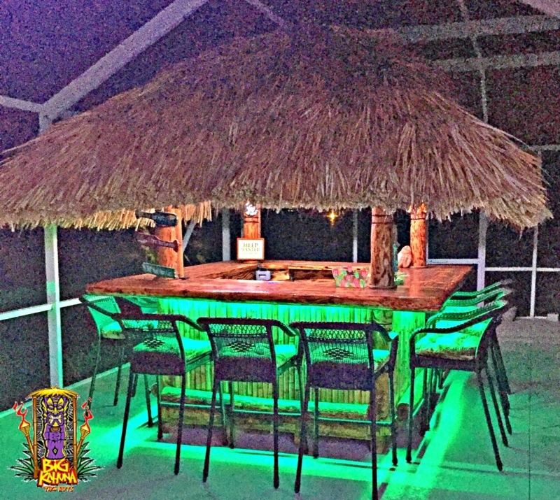 Backyard Tiki Bar with Ambient Green Lighting