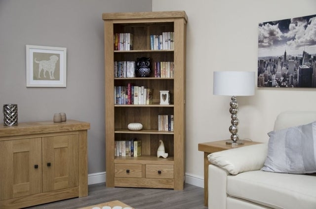 Bempton Solid White Oak Large Corner Bookcase with Drawers